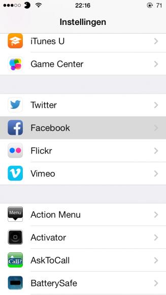 Instellingen.app > Facebook-paneel